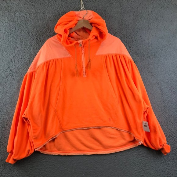 New Free People Movement Let It Go Sweatshirt Hood Zip Neon Orange Velour S NEW - Picture 2 of 9